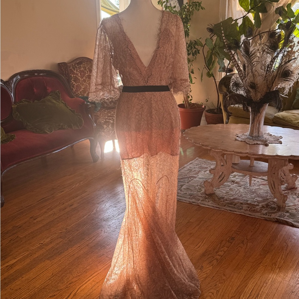 Elegant Peach Lace Gown with Black Belt